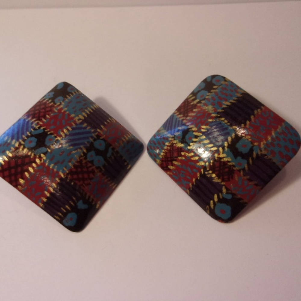 Wood Painted Patchwork Square Clip Earrings Vintage